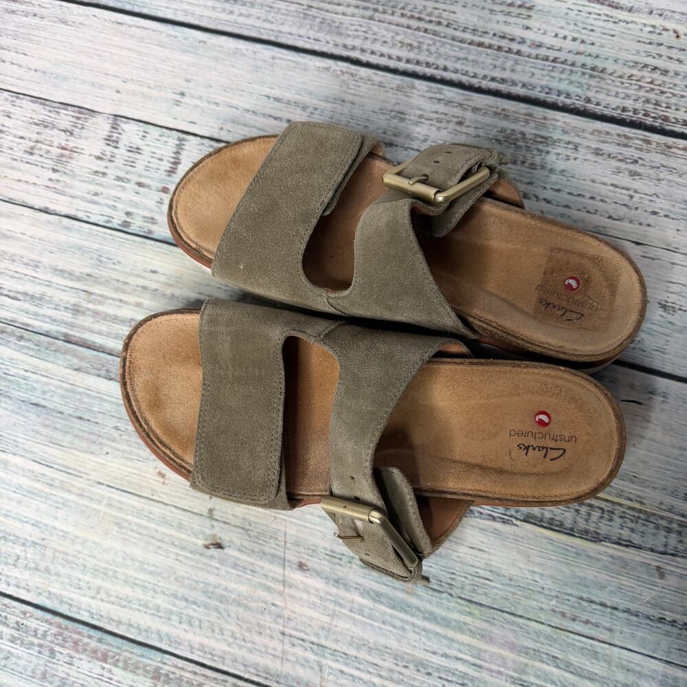 Clarks Suede Slide Sandals Adjustable Strap Womens Size 9 Comfort Casual